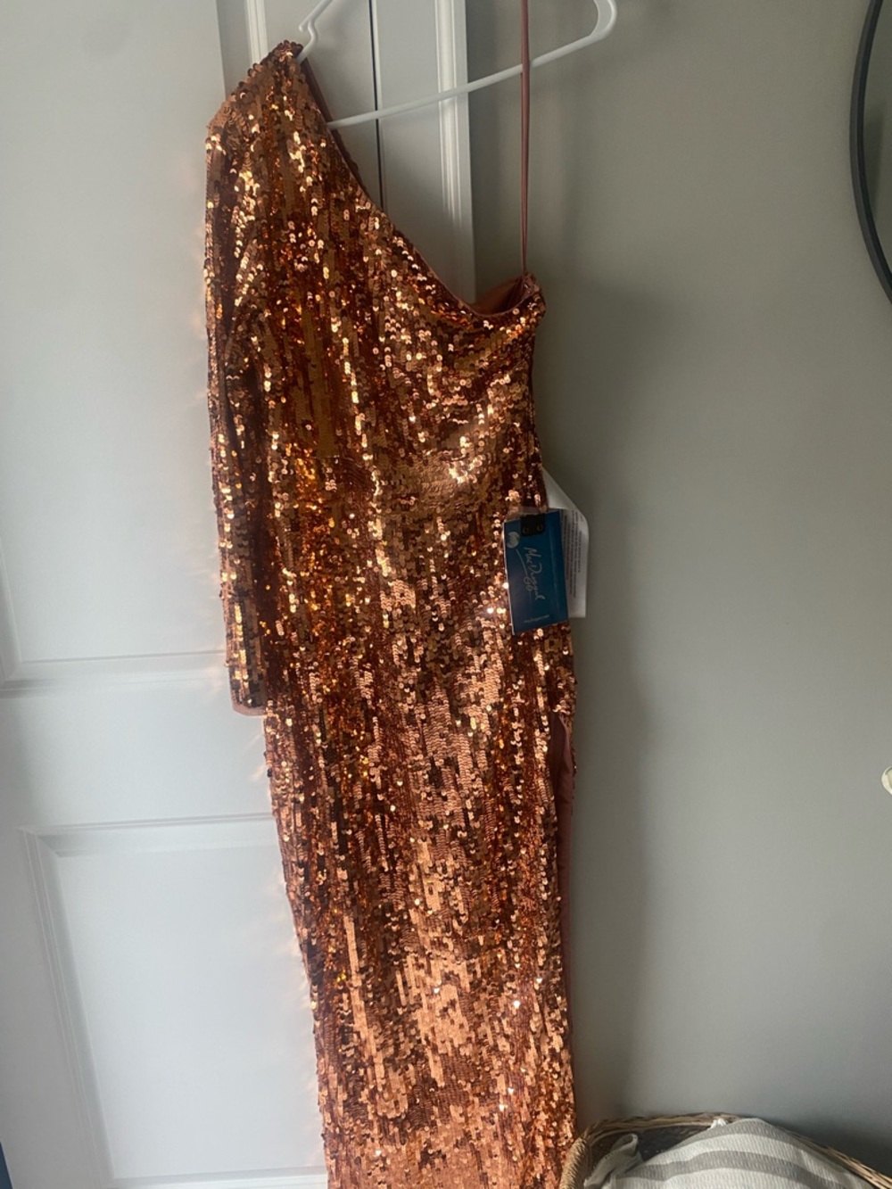 Mac Duggal Rose Gold Sequin One-Shoulder Gown